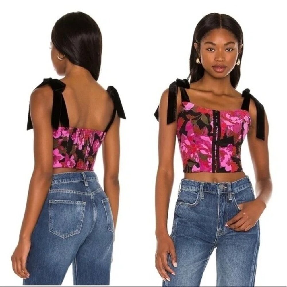 Free People Addie Corset Floral Crop Top in Twilight Combo - Picture 2 of 6